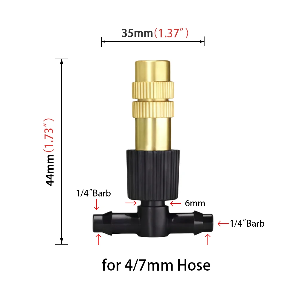 10-100PCS  4/7mm Hose Misting Watering Sprinkler Adjustable Brass Spray Nozzles with 1/4” Tee Joint for Garden Greenhouse Lawn