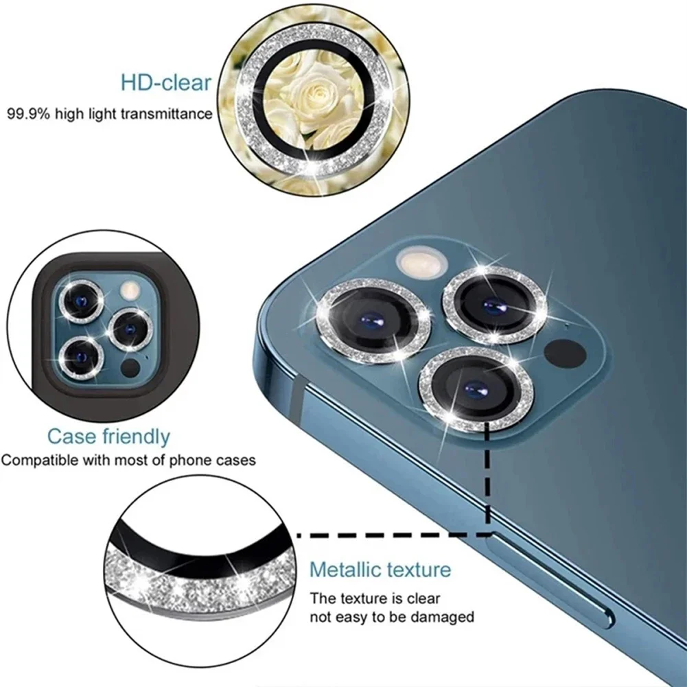 3 pçs bling diamante protetor de lente da câmera para iphone 11 12 13 pro max 12 13 mini anel de metal lente da câmera proteção de vidro temperado