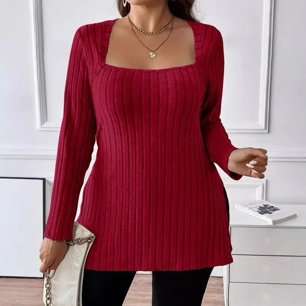 

Plus Size New Autumn and Winter 1XL-5XL Women's Fashion Solid Color Sweater Ladies Square Neck Long Sleeved Casual Top