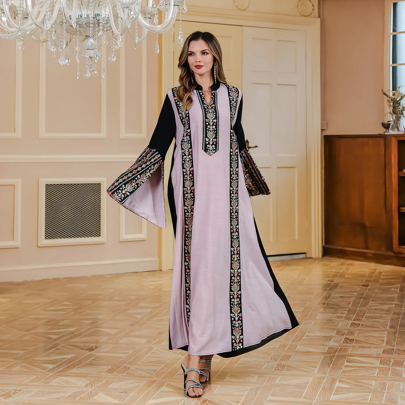 

Muslim Abaya Dresses Middle East Muslim Embroidered Robe Abaya Light Luxury Evening Dress Two-piece Set Kaftan Arab Long Robe