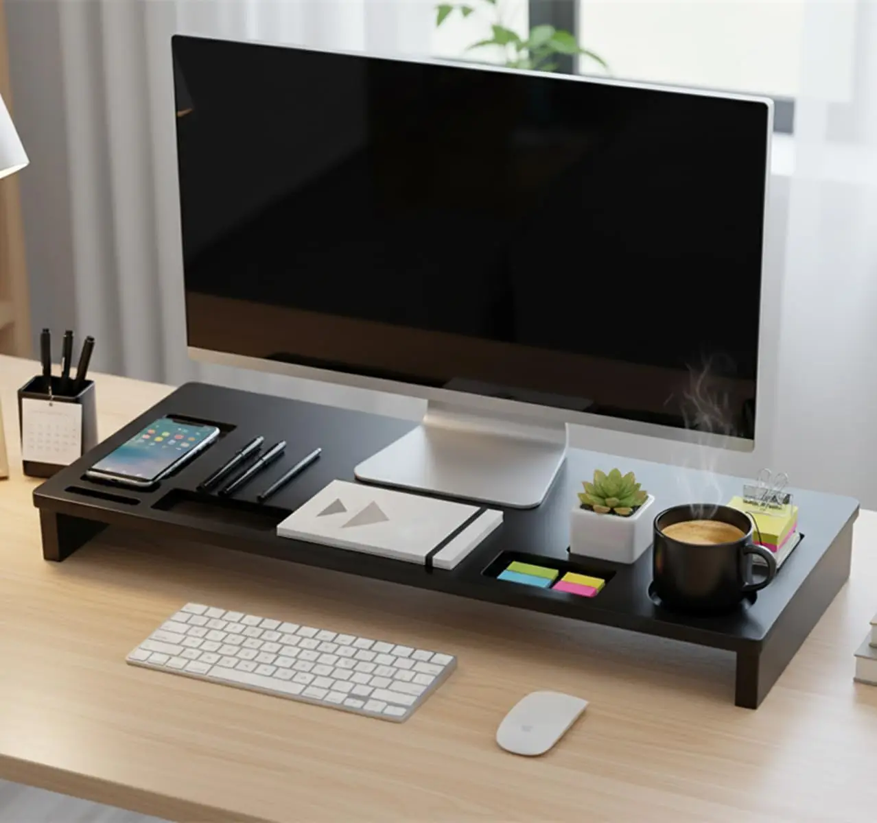 

Подставка для монитора с ящиком для хранения, настольный органайзер для компьютера длиной 60 см с подставкой для телефона и слотом для ручки для ПК, ноутбука