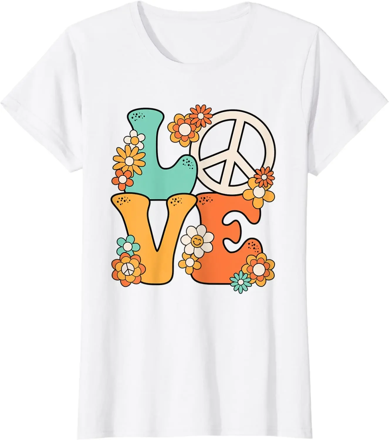 Peace Sign Love 60S 70s ชุดคอสตูมแนวฮิปปี้เสื้อยืดสำหรับปาร์ตี้สี่ฤดูเสื้อยืดสตรีทแวร์ผ้าฝ้ายลำลองฮาราจูกุทุกวัน