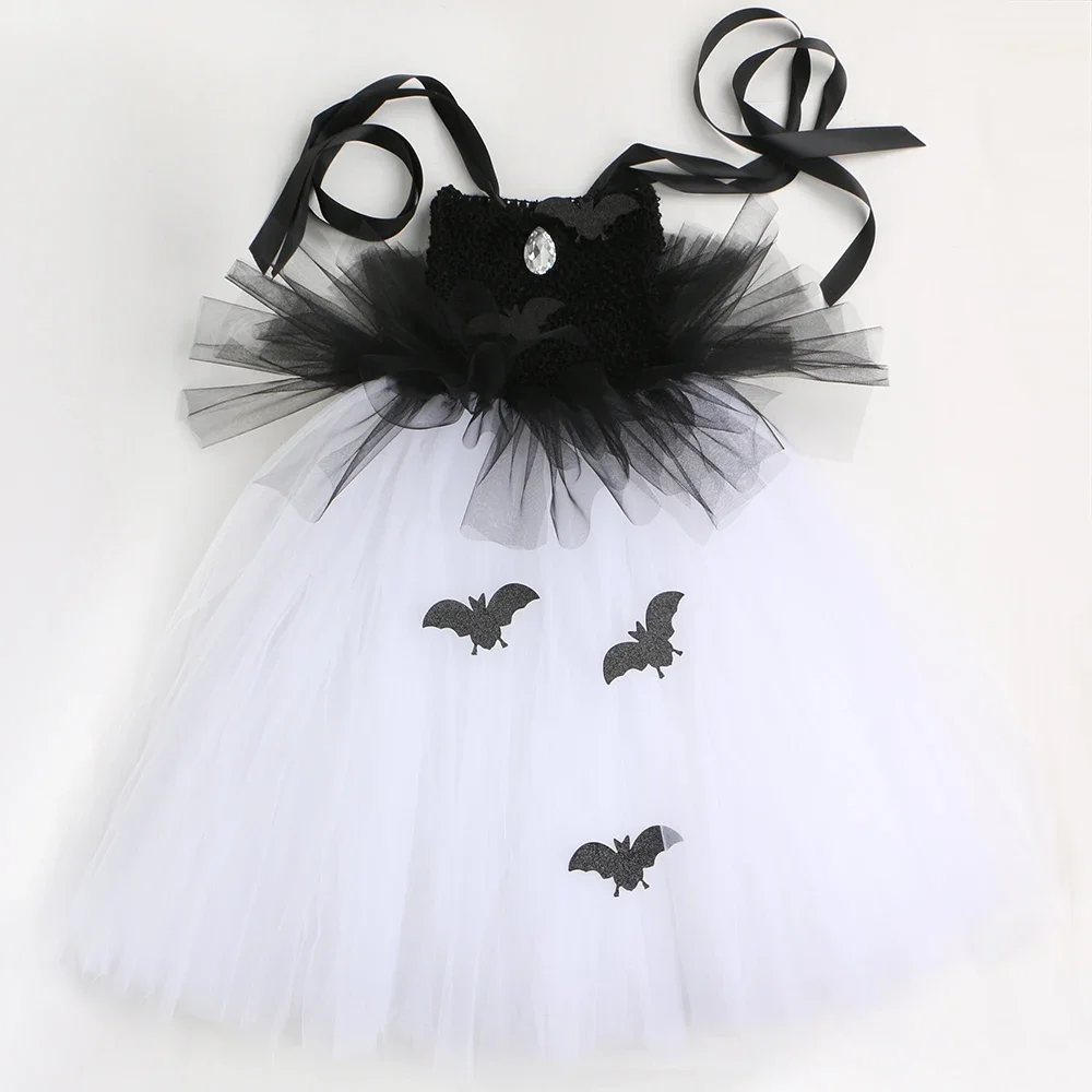 Girls Halloween Wicked Witches Tutu Dress Black White Vampire Bat Witch Costume for Kids Carnival Party Tulle Princess Dresses