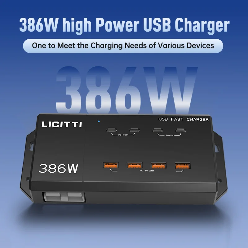 386W PD 100W 45W QC3.0 USB 3.0 Fast Charger 12V/24V 4 Type-C 4 USB Ports OVP 360 Rotation For Laptops/Phones Home/Car Use