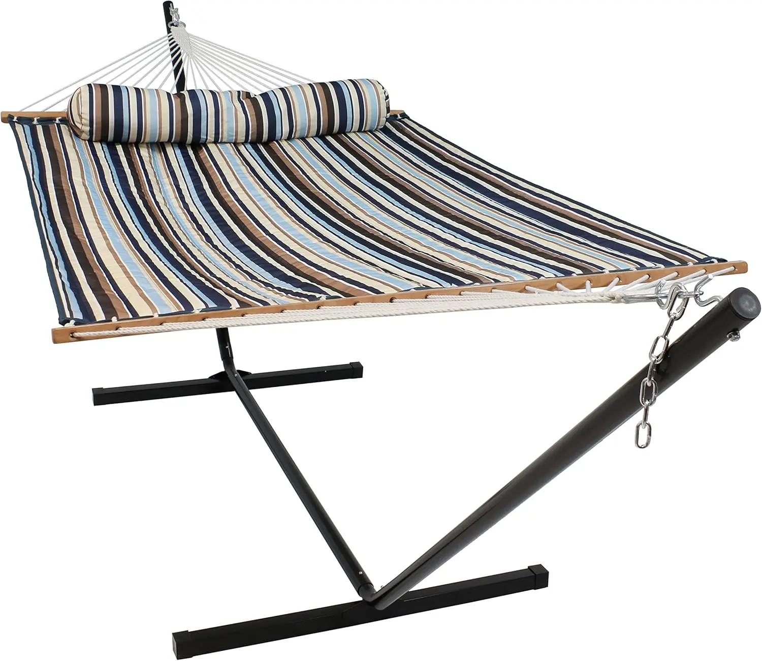 Double Quilted Fabric Hammock with 12-Foot Stand and Pillow - 350-Pound Capacity - Black Stand - Ocean Isle