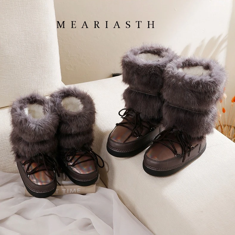 

Зимние ботинки 2026 для девочек и мальчиков, женские лыжные ботинки, пушистые, на шнуровке, средней высоты, на платформе, на плоской подошве, белые детские ботинки