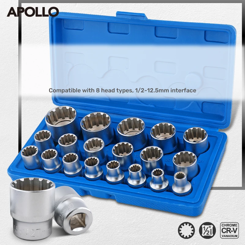 

Apollo 19Pcs 3/8" Drive Manual Socket Set, 8-32mm Cr-V Steel Short Sockets with Blue Case for Mechanic Tools & Auto Repair