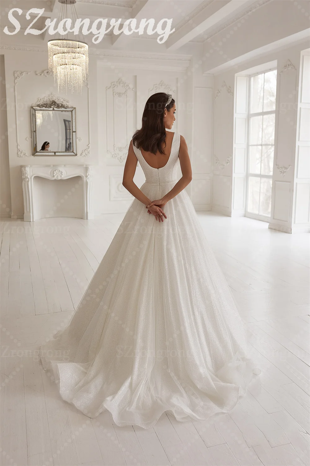 Modern Spaghetti Straps Sequins Sparkly Wedding Dress A-line Draped Backless Floor Length Bridal Dress with Train Custom Made