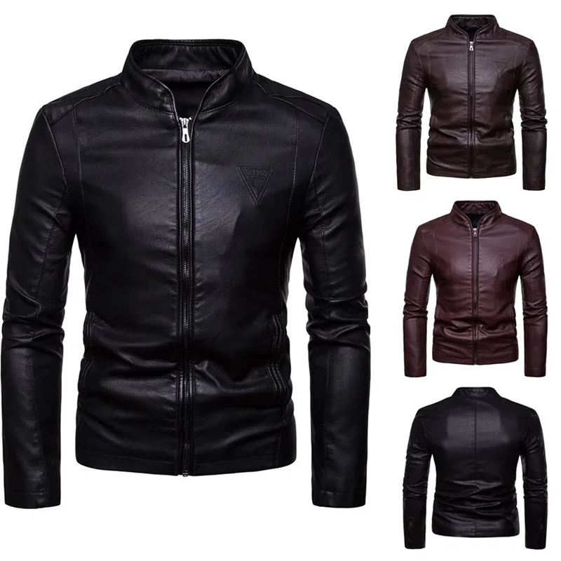 2023 Mens Fashion Leather Jacket Slim Fit Stand Collar PU Jacket Motorcycle Zipper Jackets Men Autumn and Winter Streetwear