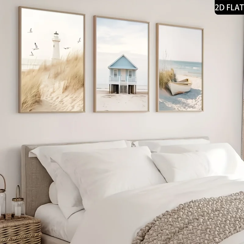 3pcs/set Modern Beach Landscape Canvas Prints Poster Lighthouse Cottage Boat Art Print Bedroom Summer Wall Art Home Decor Poster