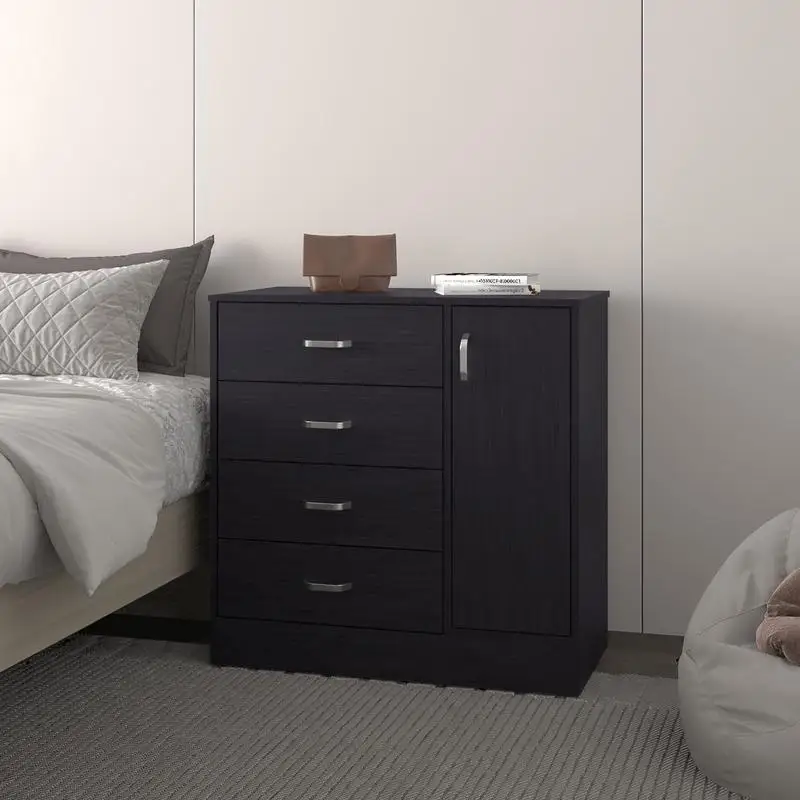 4-Drawer Dresser with Side Cabinet, Freestanding Storage Organizer with Interior Shelf for Bedroom in Wenge Finish