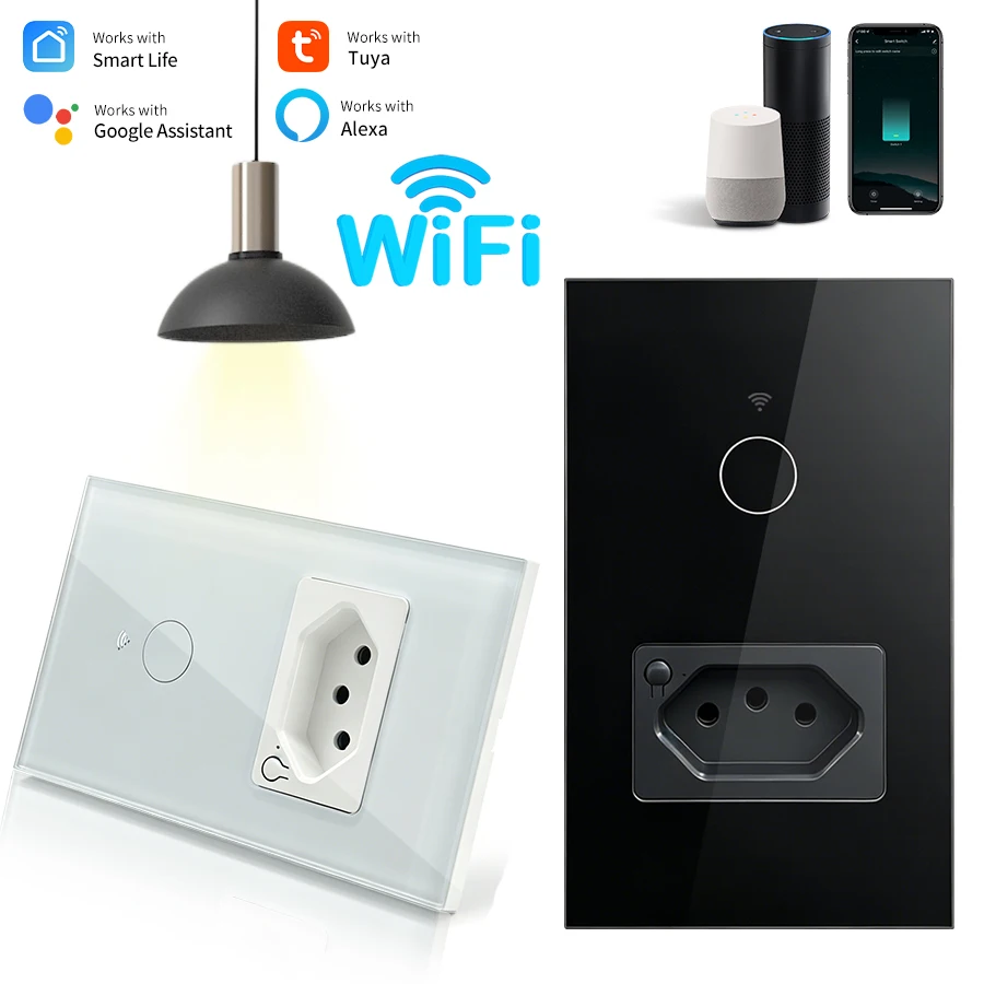 Tuya WiFi Smart Switch Brazil Socket Plug 10A 1/2 Gang Wall Touch Light Switch Works with Smart Life App Alexa Google Home