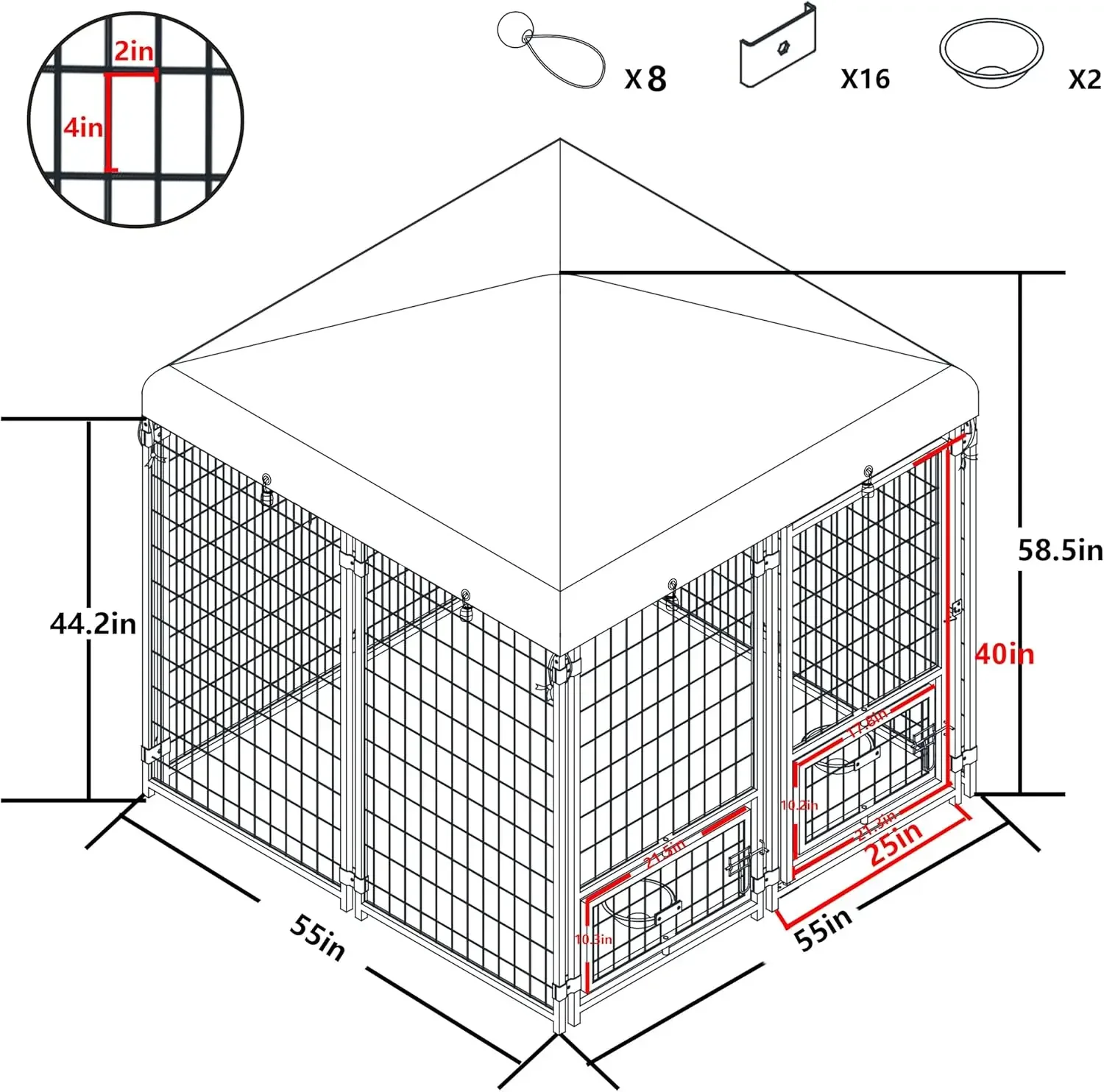 Dog Kennel Outdoor Indoor with Roof and Rotating Feeding Doors Large Metal Dog Pen Enclosure House Heavy Duty with Canopy