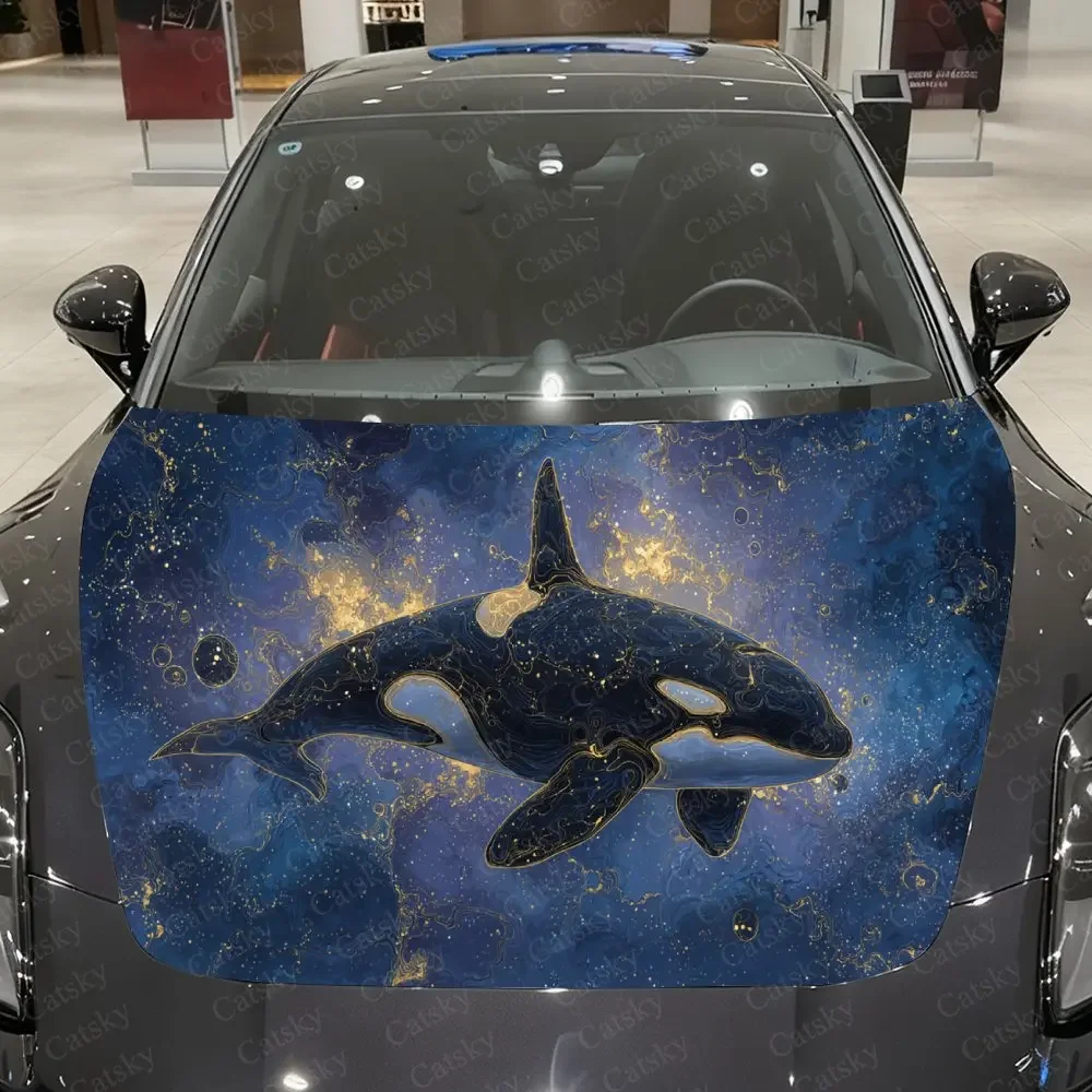 Star Sea Orca Galloping Car Vinyl Wrap, PVC Material Waterproof Car Hood Sticker, Self-Adhesive Scratch-Resistant Stickers for E
