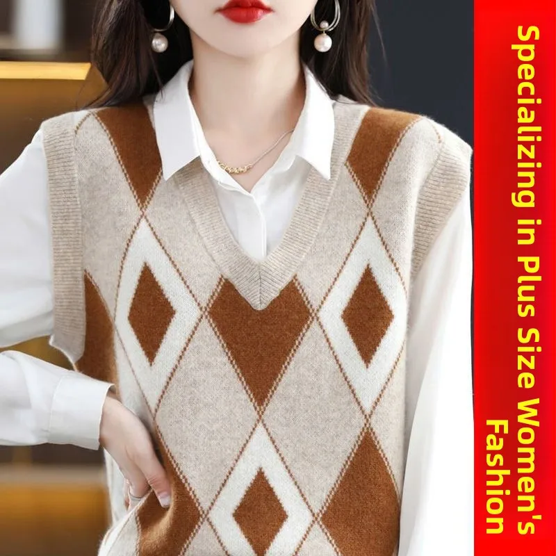 

plus Size Women's Knitted Vest Loose Sweater Top Layering Autumn Winter Fashion Commute Style V-Neck Regular Length
