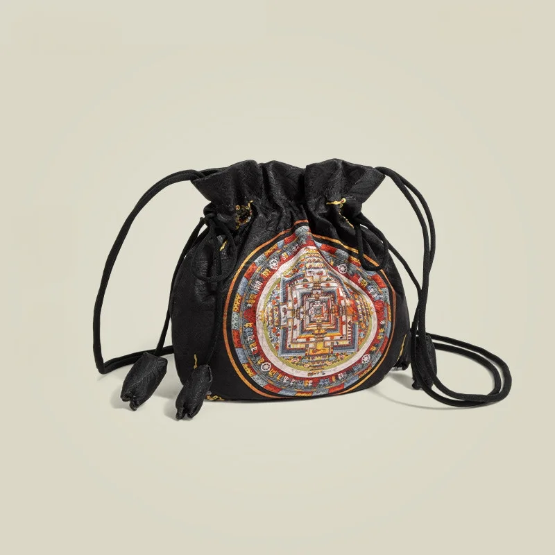 Chinese Style Retro Hanfu Women Bag Elegant Printed Unique Colorful Geometric Butterfly Bamboo Soft Exquisite Drawstring Handbag