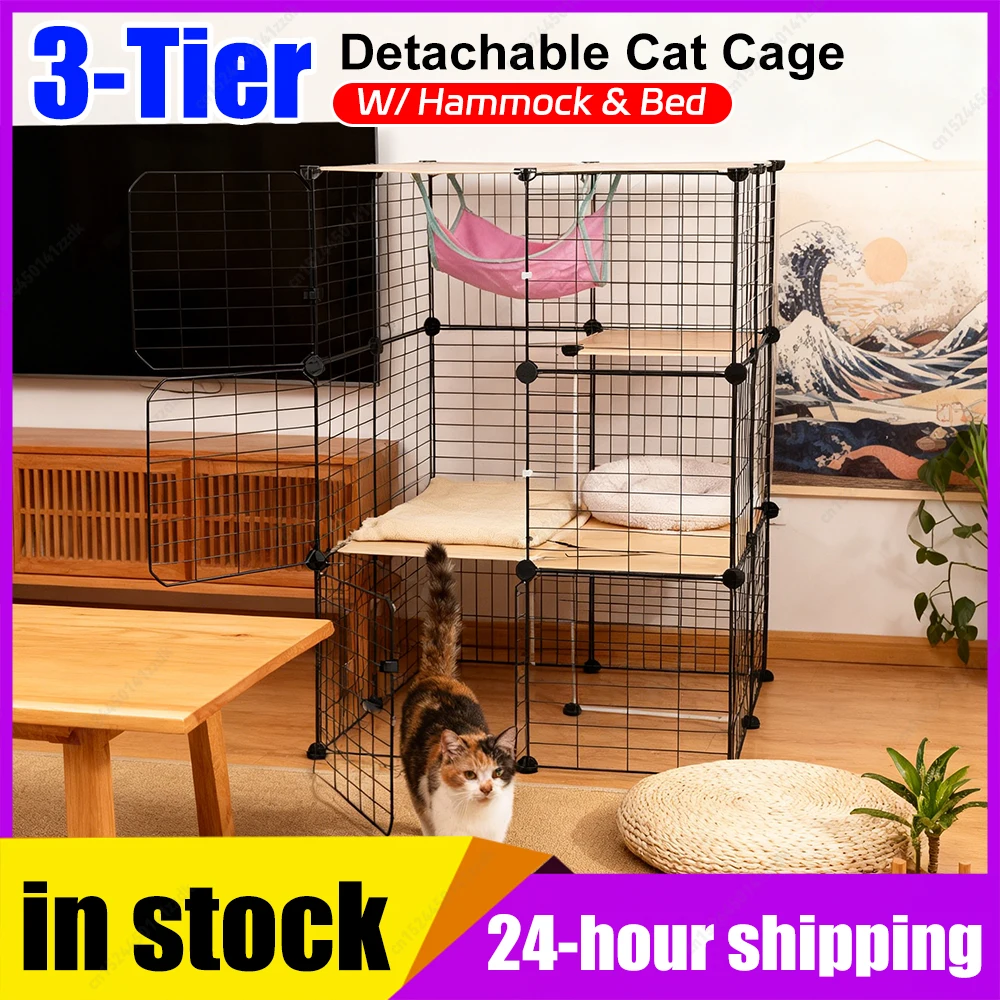 

Трехуровневая разборная клетка для кошек с гамаком и лежанкой, комнатный вольер для кошек, большой манеж для котят, идеально подходит для 1-3 кошек