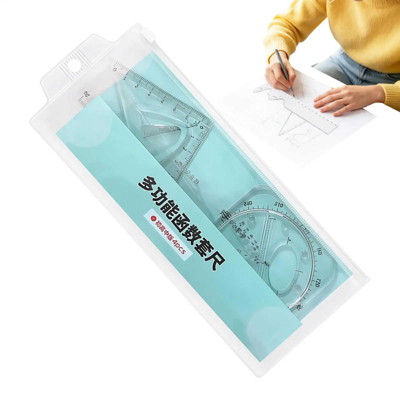 4 Pieces multifunctional geometric Ruler Set Ergonomic Clear Scales Mathematical Drawing Geometry Ruler Set for school office