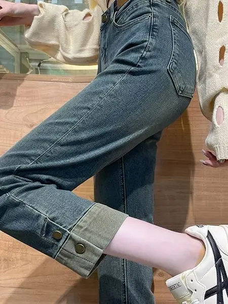 ハイウエスト Fce パッチワーク ストレートレッグ 春秋新作 レディースジーンズ ハイウエスト カフ付き アンクル丈 カジュアルウェア