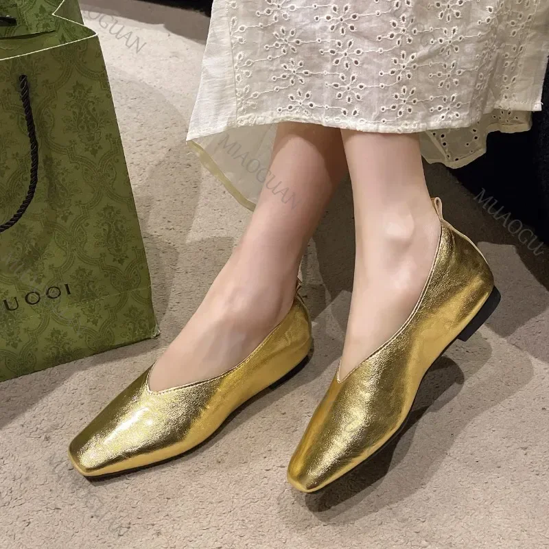 

Женские лоферы из кожи на плоской подошве, серебряные туфли на низком каблуке золотого цвета с квадратным носком, элегантные слипоны, однотонные женские туфли Мэри Джейн