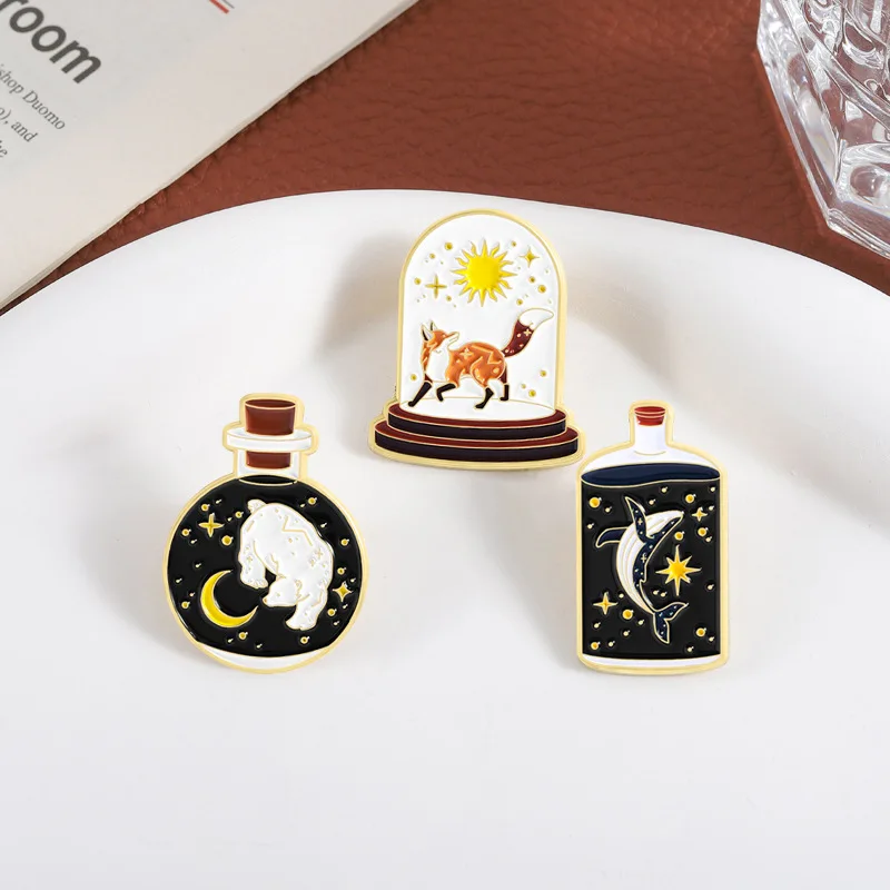 Starry Sky Magic Bottle Animal Enamel Pins 3Pcs Fox Bear Whale Brooch Lapel Badge Perfect For Teen Girls Nature Lovers Bag Decor view 2