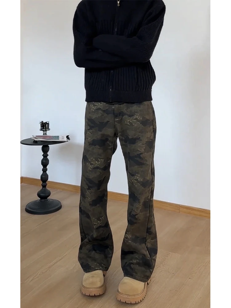 

American Sle Vintage Camouflage Fce Lined Slim Fit Men's Jeans Autumn Winter Straight Leg Long Pants Warm Casual Trousers