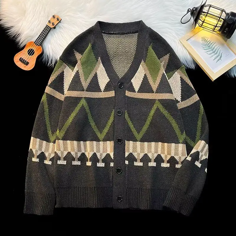 

Large Size 300 Pou Vintage Ethnic V-Ne Open-Front Knitwear Men's Winter Regular Fit Long Sve Geometric Patterned Sweater