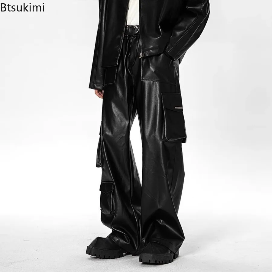 

Брюки в стиле хип-хоп с несколькими карманами в американском стиле, новые модные мужские свободные повседневные брюки-карго из искусственной кожи, уличные кожаные брюки в стиле панк, мужские