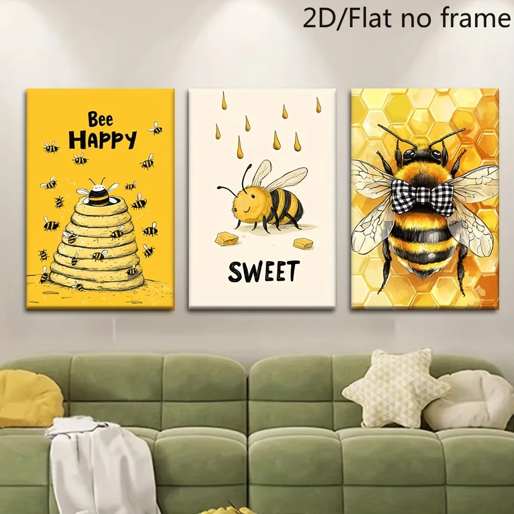 （NoFrame 3PCS)-2D Flat, 3pcs Set, 2D Flat, Frameless, Featuring a Yellow Bumblebee and Honeybee, Hand-Painted Bee-Themed Deco