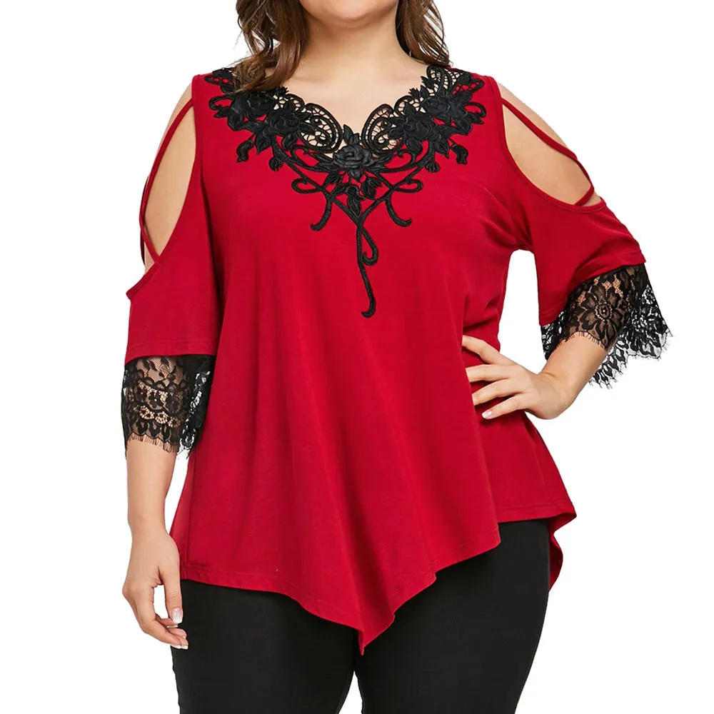 Loose Blouses Women Tops Street Wear Off Shoulder Lace Tee Shirt Tunic Shirt Female Plus Size Sexy V Neck Elegant Blouse Blusa