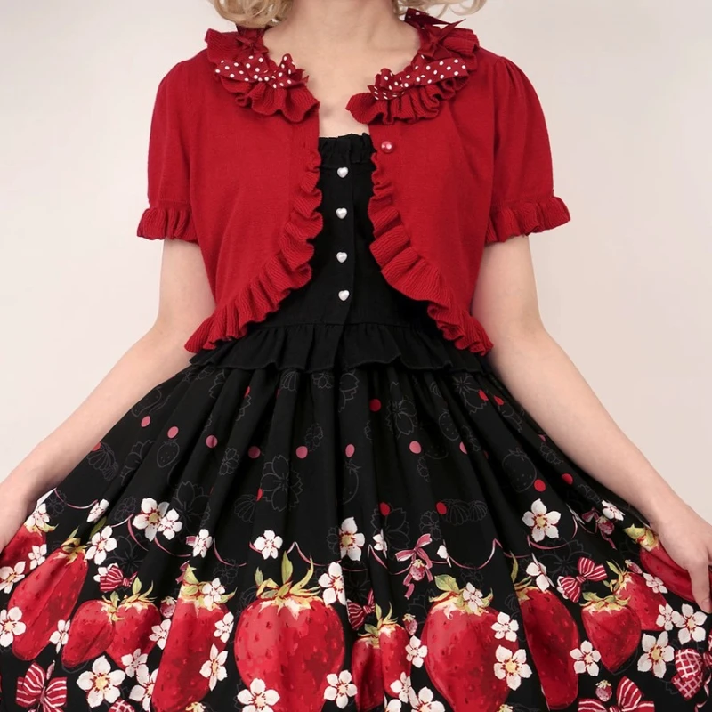 Sweet Lolita Princess Summer Bolero Cardigan Women Ruffle Trim Polka Dot Bowknot Puff Sleeve Crop Kawaii Tea Party Daily Outfit