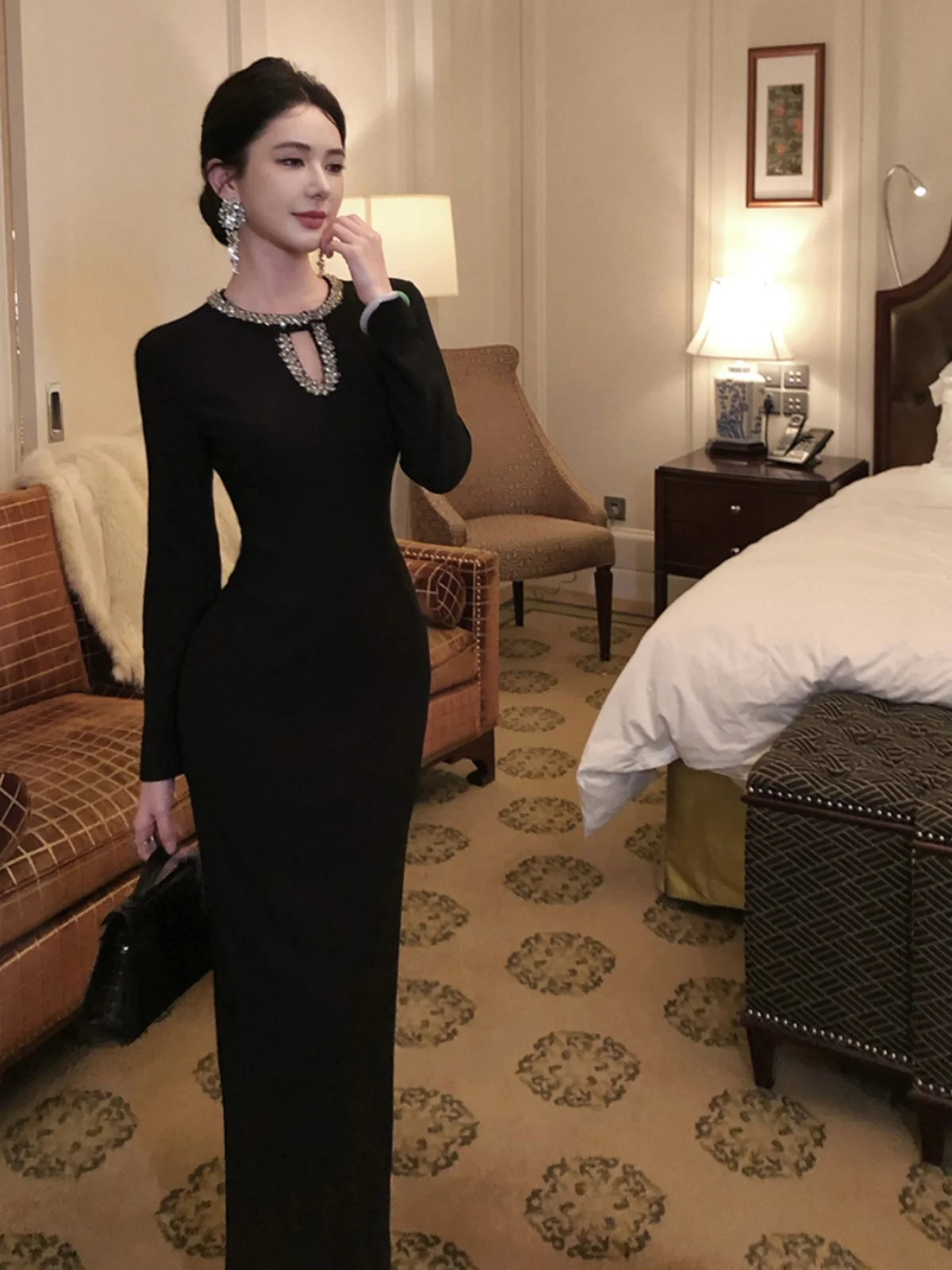 

Ele Bla Hepburn Dr Luxury Embellied High Waist Long Sve Evening Gown for Wedding Par Performance And More