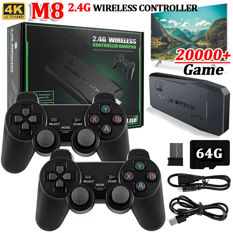 Video Game Sticks M8 Console 2.4G Dual Wireless Controller Game Stick 4K 10000 Games 64GB Retro Game for Christmas Gift