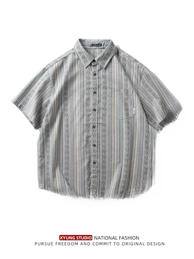 

Casual Loose ort Sve Men's irt Vintage Striped Pattern Breathable Summer Faion Urban Sle f Sve irt