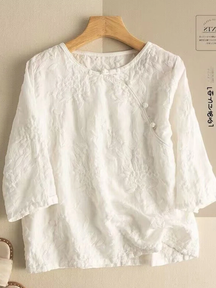 

Тяжелая льняная футболка с вышивкой, женская асимметричная хлопковая льняная футболка на пуговицах, топ в стиле ретро, ру...