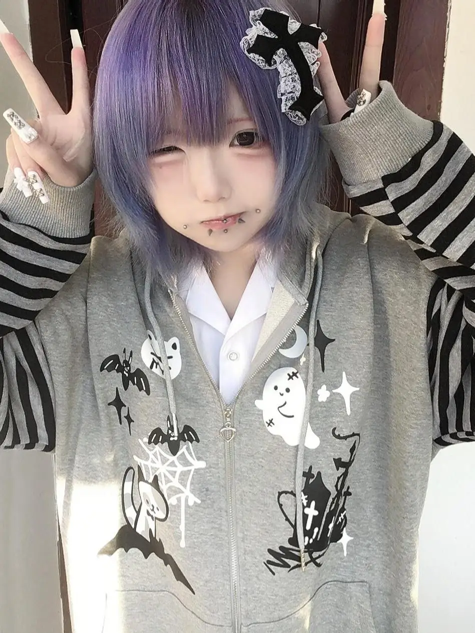 

Alice Original Dark Kitty Ear Hoodie Women's Winter Fleece Jacket Loose Fit Long Sleeve Zipper Closure Cartoon Pattern