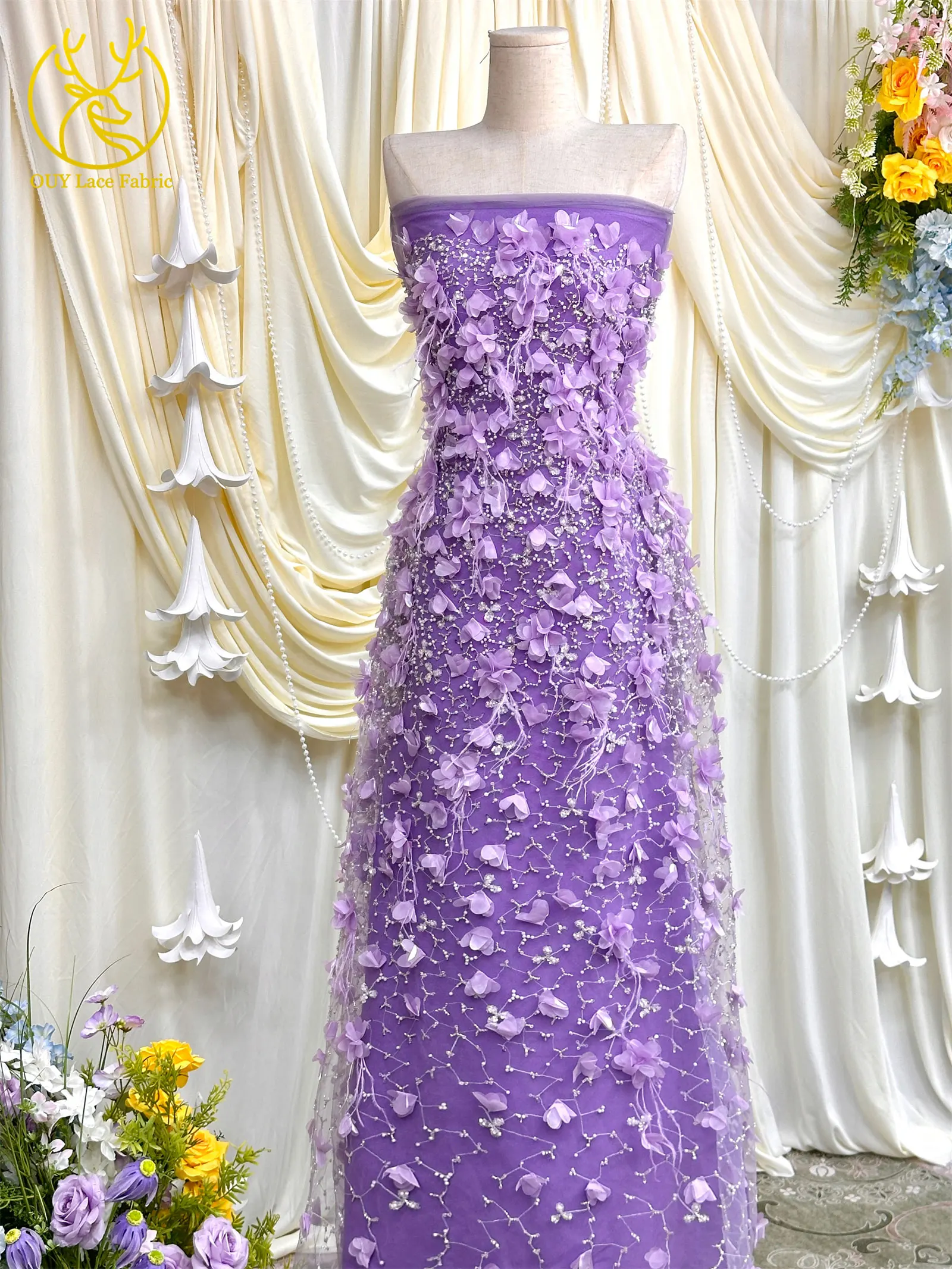 Eleganter handgefertigter 3D-Applikations-Spitzenstoff 2026, hochwertige französische Pailletten-Tüllspitze für Hochzeits- und Partykleider, 5 Yards – Detail 6