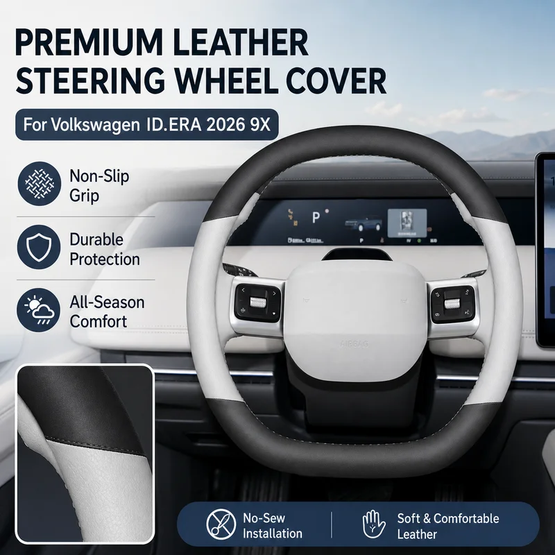 For Volkswagen ID.ERA 2026 9X Leather Steering Wheel Cover Non-Slip Durable No-Sew Car Grip Wrap for All Seasons