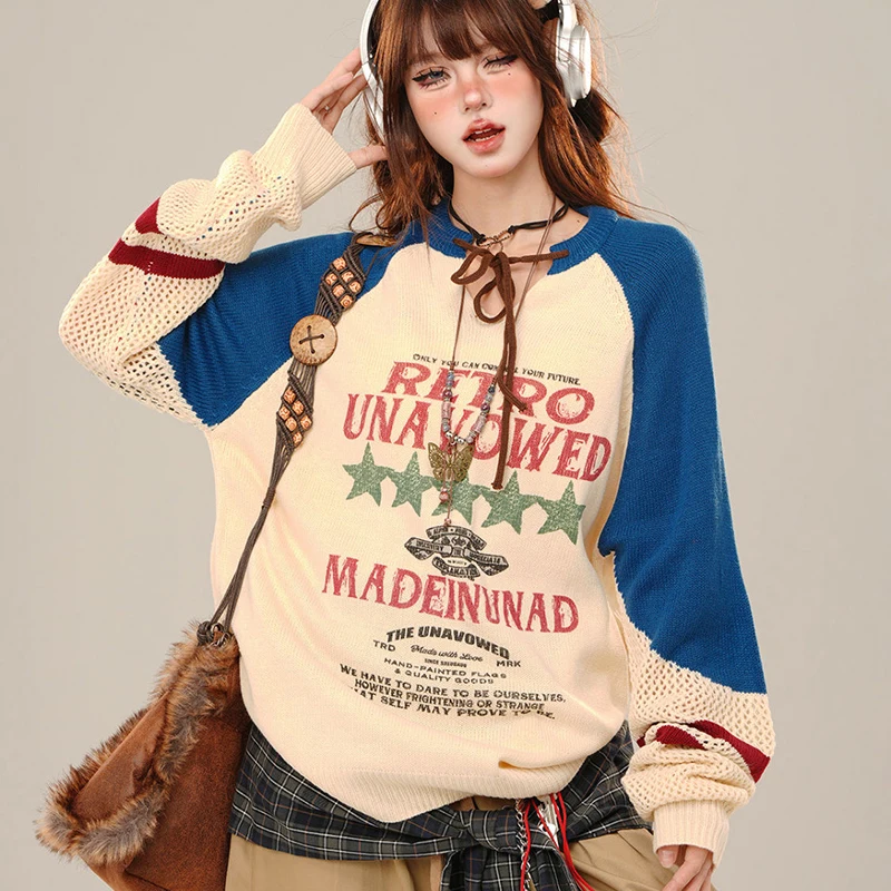 Harajuku Y2K Patchworkถักเสื้อกันหนาวขี้เกียจหลวมสบายๆเสื้อแขนยาวHollow Out Preppyสไตล์พิมพ์จัมเปอร์