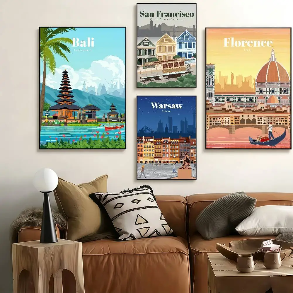 Amsterdam Tokyo London Iceland Bali Vancouver Travel Poster Self-adhesive Art Waterproof Paper Sticker House Bar Room Wall Decor