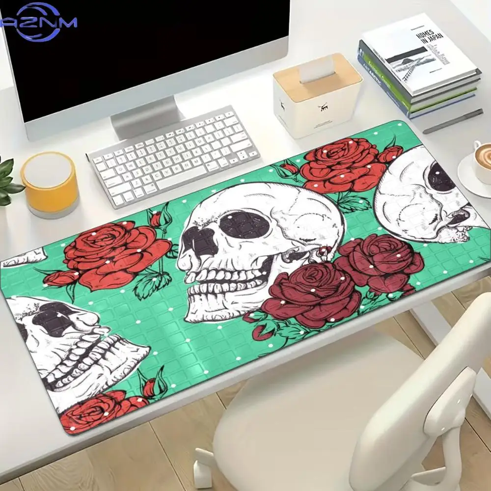 Rose Skull Gaming Mouse Pad Non Slip Rubber Stitched Edge Keyboard Table Mat For Laptop Office Desktop Use