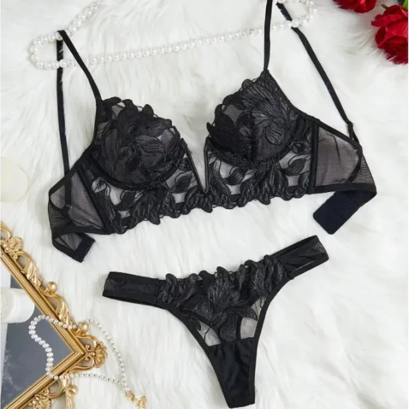 Fairy Lingerie Floral Valentine Charming Brief Panty Underwear Sexy Nighty Fancy V Underwear Brief Set for Lady  See Through Bra