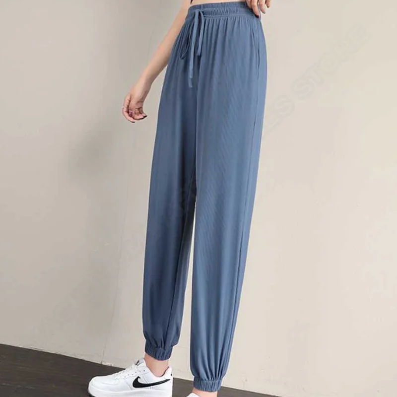 Hot Women\'s Wide Leg Pants Ice Silk Sweatpants Loose Bunched Feet Loose Leggings Thin Casual Sanitary Elastic Slacks Pants