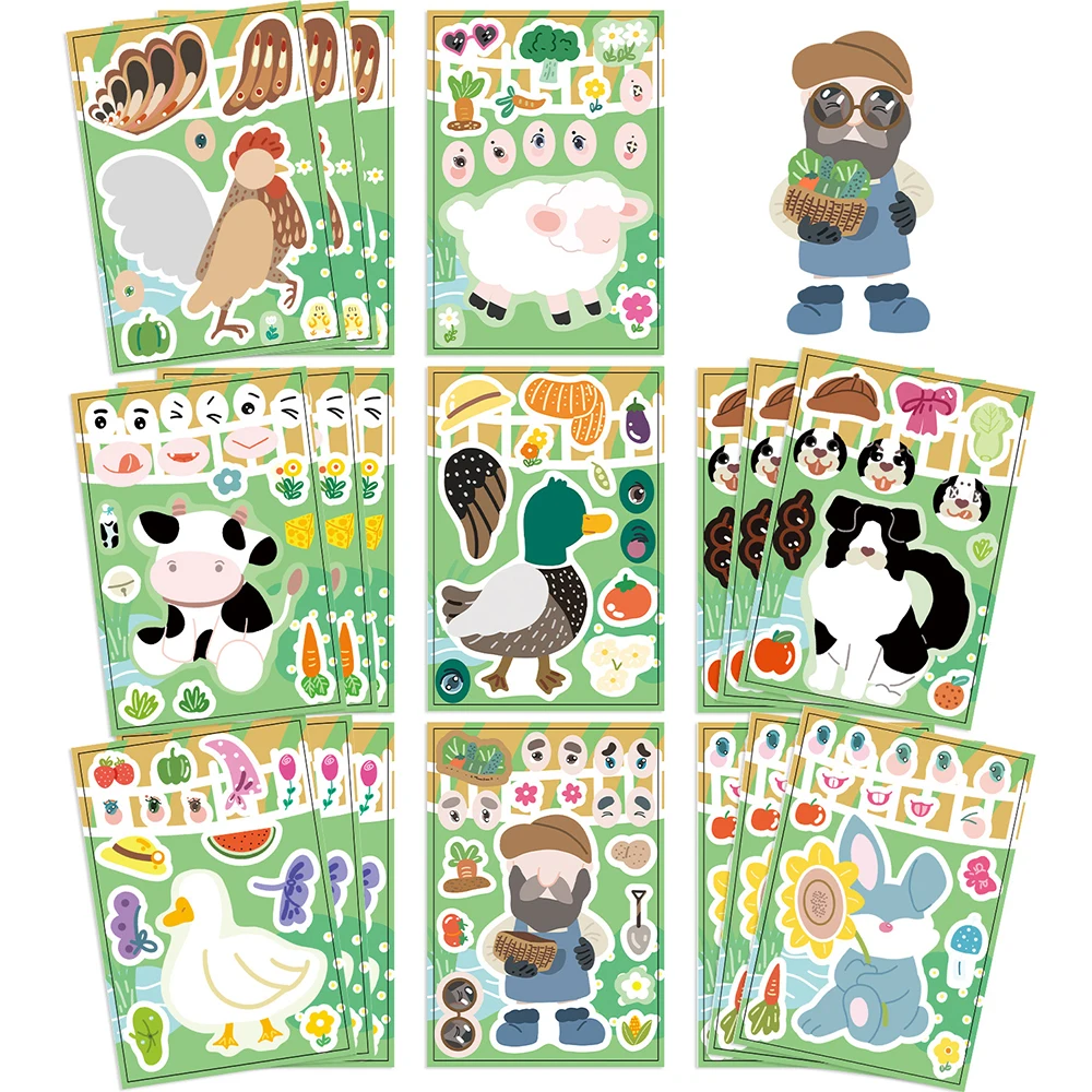 8/16 Arkuszy Urocze Naklejki Puzzle z Kreskówkowymi Zwierzętami dla Dzieci DIY Zabawki do Samodzielnego Wykonania, Zabawne Naklejki do Składania, Edukacyjna Zabawka dla Dzieci