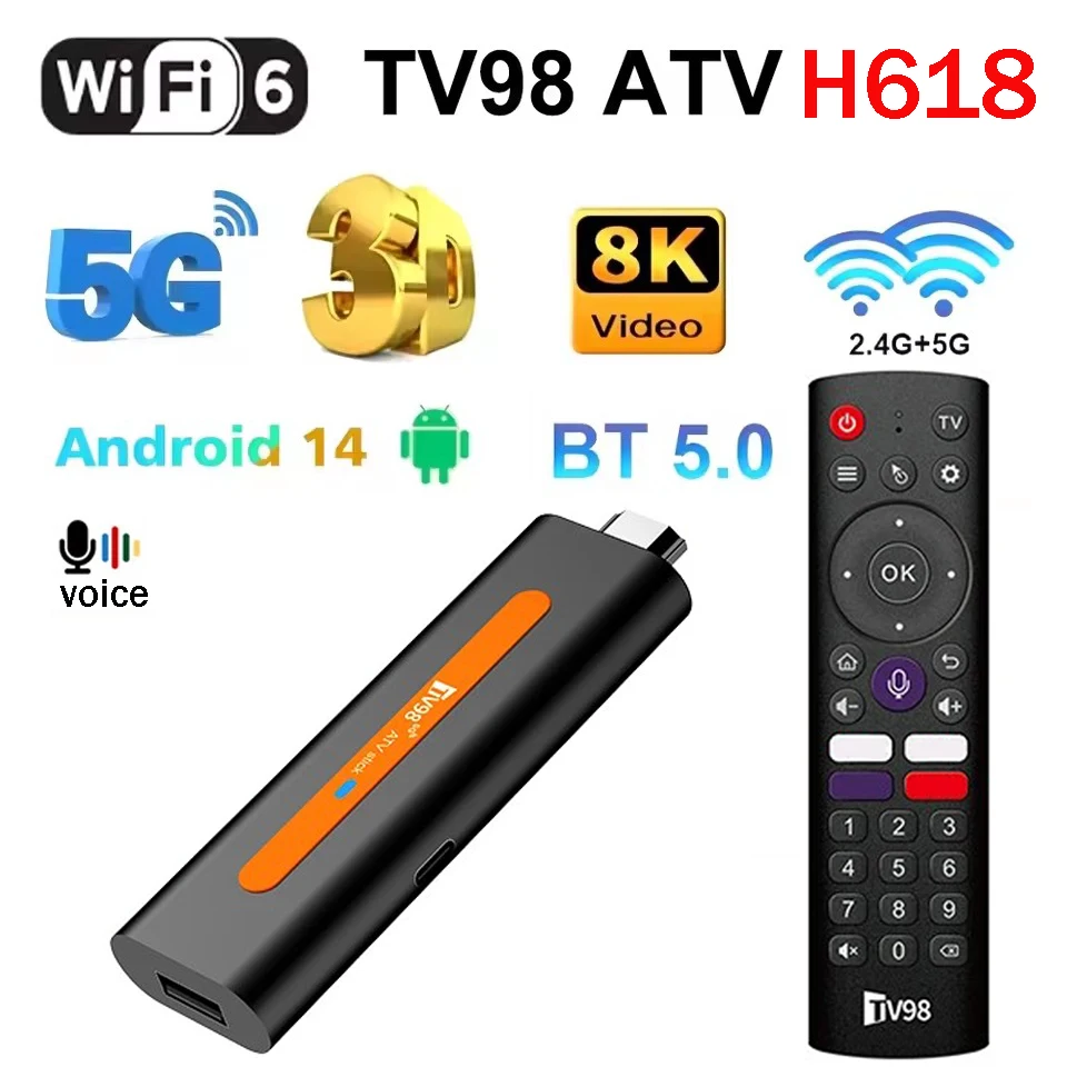 TV98 ATV H618 جهاز استقبال للتليفزيون Allwinner H618 رباعي النواة يدعم 8K فيديو 4K Wifi6 BT5.0 أندرويد 14 صوت ذكي عن بعد PK TV98 ATV Stick