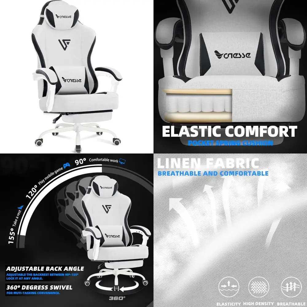 Computer Gaming Chair Fabric with Pocket Spring Cushion, Office Chair with Footrest, Massage Lumbar Support, Ergonomic R