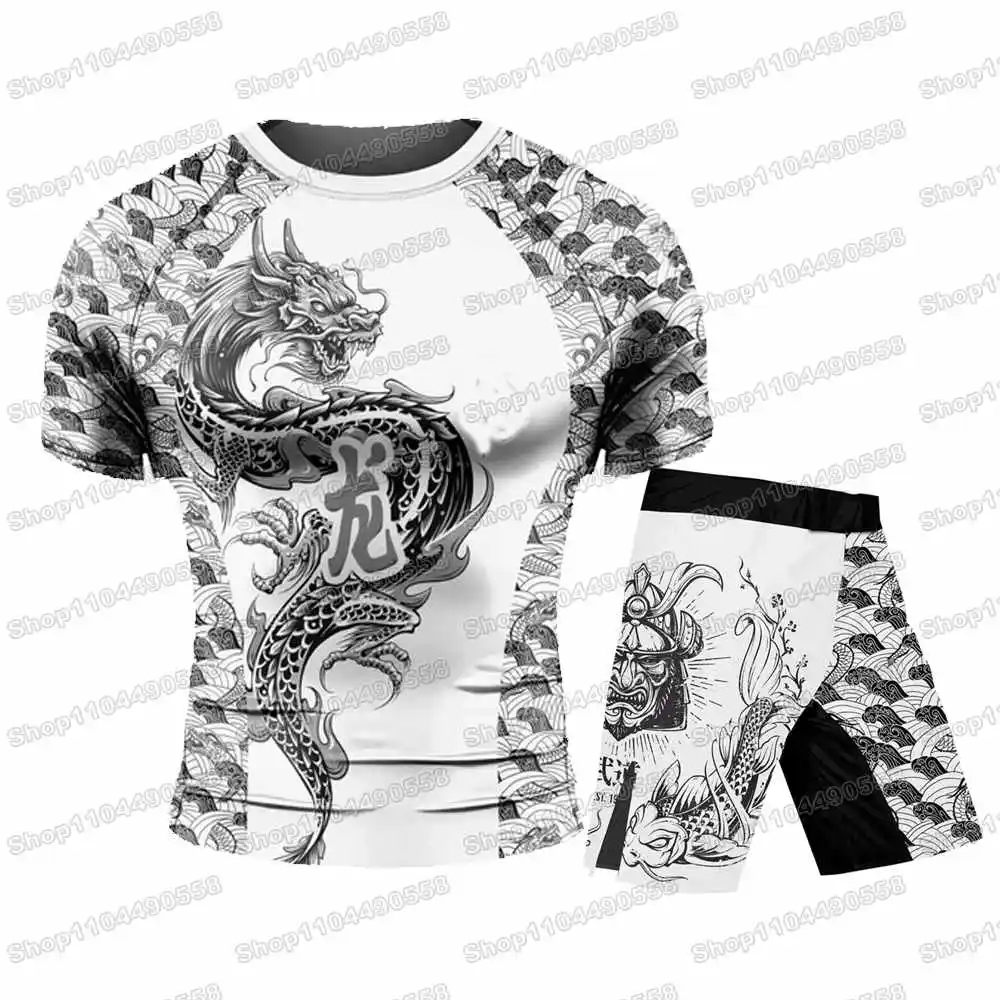Popular White Dragon Rash Guards Surfing Beach Trousers Swimwear Diving Gym Long sleeves MMA BJJ Men Jiu Jitsu Fitness Sets