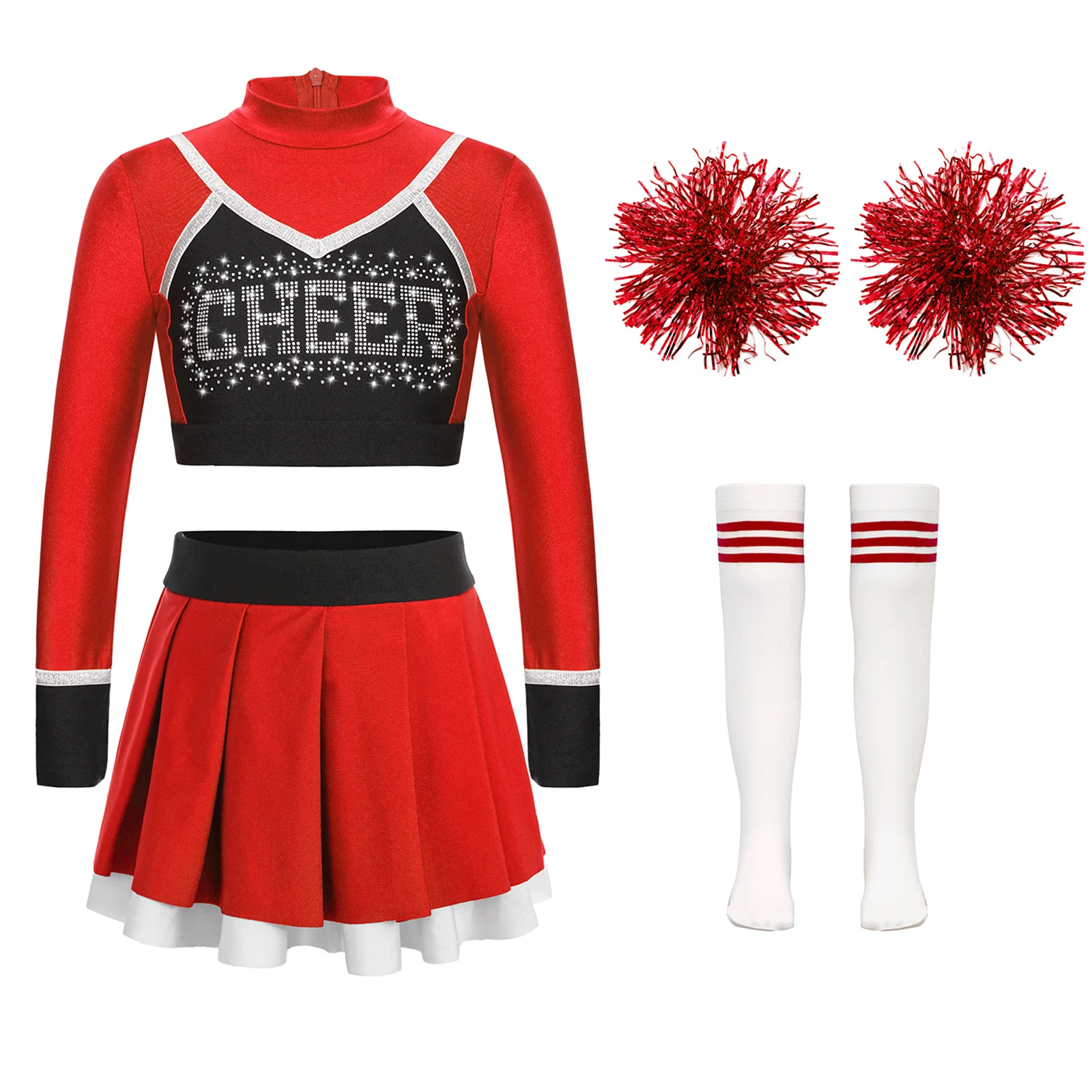 Girls Cheerleading Dance Outfit Glittery Rhinestone Letter Pattern Patchwork Long Sleeve Crop Top Pleated Skirt Suit