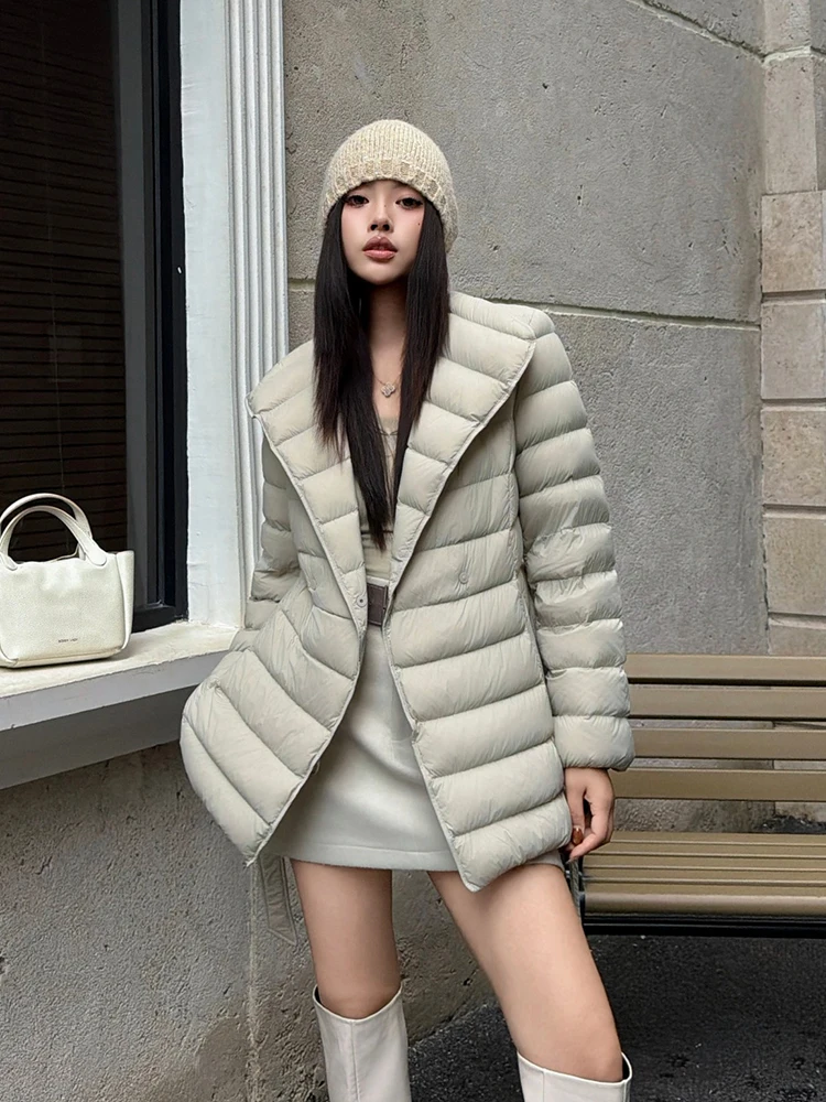Winter Waterproof Pork Rib Style Down Jacket Women White Duck Down Stand Collar Outwears Female Warm Thick Lace Up Down Jacket