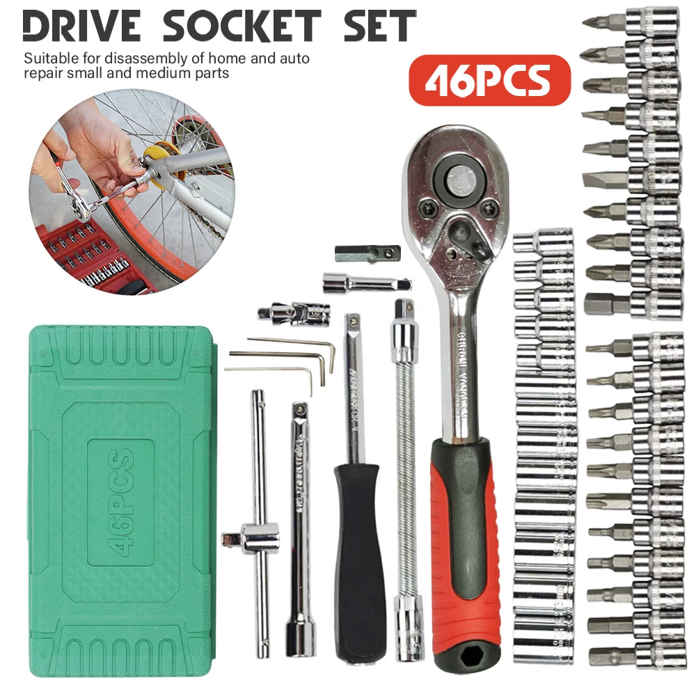 Ensemble de 46 clés à douille de 1/4 de pouce, kit d'outils à cliquet métrique en acier CR‑V avec poignée à cliquet à dégagement rapide réversible, embouts assortis, rallonges, joint universel, étui de rangement vert portable pour les réparations automobiles, motos, vélos et travaux de bricolage à domicile.
